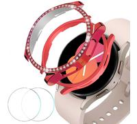 DEALELE [2+2 PACK] Tempered Glass Case Compatible with Samsung Galaxy Watch FE / 5/4 40mm, Bling Diamond + PC Matte Protective Case Cover + Tempered Glass Screen Protector, Red + Red