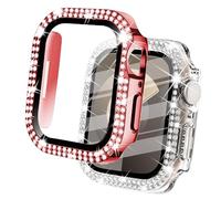 DEALELE [2-PACK] Tempered Glass Case Compatible with Apple Watch Series 6/5 / 4 / SE (40mm), Bling Double-Row Diamond Protective Case Cover with Screen Protector (40mm, Red+Transparent)
