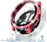 DEALELE [2-PACK] Tempered Glass Case Compatible with Samsung Galaxy Watch 5/4 44mm, Bling Diamond PC Protective Case Cover with Tempered Glass Screen Protector (44mm, Red + Transparent)