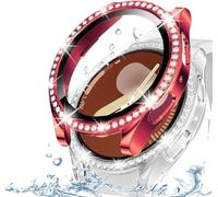 DEALELE [2-PACK] Tempered Glass Case Compatible with Samsung Galaxy Watch 7 44mm, Bling Diamond PC Protective Case Cover with Tempered Glass Screen Protector (44mm, Red + Transparent)