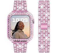 DEALELE Bands and Case Compatible with Apple Watch Series 6/5 / 4 / SE (40mm), Bling Rhinestone Diamond Metal Strap with Protective Case Cover Replacement for iWatch 40mm Women Men (Pink)