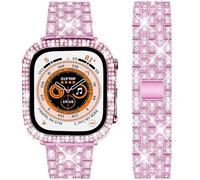 DEALELE Bands and Case Compatible with Apple Watch Series 9/8 / 7 (41mm), Bling Rhinestone Diamond Metal Strap with Protective Case Cover Replacement for iWatch 41mm Women Men (Pink)