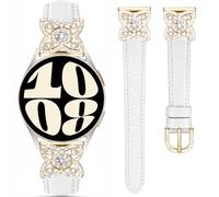 DEALELE Bands Compatible with Samsung Galaxy Watch 7 / FE / 6/6 Classic / 5/5 Pro / 4/4 Classic / 3 41mm, 20mm Bling Flower Diamond Leather Strap for Huawei GT3 / GT2 42mm Women Men, White-gold