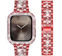 DEALELE Starp and Case Compatible with Apple Watch Series 10 42mm, Bling S-Texture Diamond Metal Bracelet with Protective Case Cover Replacement for iWatch 10 42mm Women Men (42mm, Red)