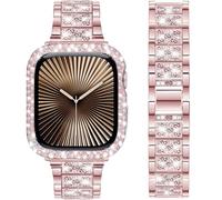 DEALELE Starp and Case Compatible with Apple Watch Series 10 46mm, Bling S-Texture Diamond Metal Bracelet with Protective Case Cover Replacement for iWatch 10 46mm Women Men (46mm, Rose pink)