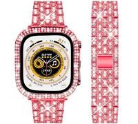 DEALELE Starp and Case Compatible with Apple Watch Ultra 2 / Ultra 49mm, Bling Rhinestone Diamond Metal Bracelet with Protective Case Cover Replacement for iWatch Series 10/9 / 8 Ultra (Red)