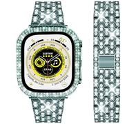 DEALELE Starp and Case Compatible with Apple Watch Ultra 2 / Ultra 49mm, Bling Rhinestone Diamond Metal Bracelet with Protective Case Cover Replacement for iWatch Series 10/9 / 8 Ultra (Green)