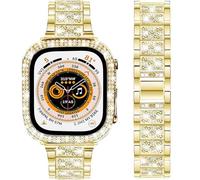 DEALELE Starp and Case Compatible with Apple Watch Ultra 2 / Ultra 49mm, Bling S-Texture Diamond Metal Bracelet with Protective Case Cover Replacement for iWatch Series 10/9 / 8 Ultra (Gold)