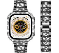 DEALELE Starp and Case Compatible with Apple Watch Ultra 2 / Ultra 49mm, Bling S-Texture Diamond Metal Bracelet with Protective Case Cover Replacement for iWatch Series 10/9 / 8 Ultra (Black)