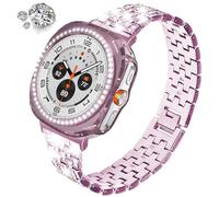 DEALELE Strap and Case Compatible with Samsung Galaxy Watch Ultra 47mm (2025/2024), Bling Rhinestone Metal Bands with Diamond PC Protective Case Cover Replacement for Women Men, Pink