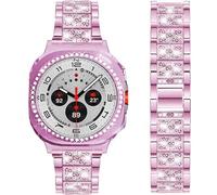 DEALELE Strap and Case Compatible with Samsung Galaxy Watch Ultra 47mm (2025/2024), Bling Rhinestone Metal Bands with Diamond PC Protective Case Cover Replacement for Women Men, Pink