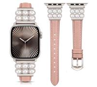 DEALELE Strap Compatible with Apple Watch 42mm 41mm 40mm 38mm, Soft Leather Shiny Pearls Replacement Bands for iWatch Series 11/10 / 9/8 / 7/6 / 5/4 / 3 / SE Women, Pink-starlight