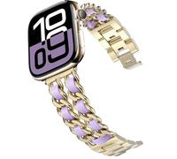 DEALELE Strap Compatible with Apple Watch 42mm 41mm 40mm 38mm, Steel Metal with Leather Chain Replacement Bands for iWatch Series 10/9 / 8/7 / 6/5 / 4/3 / SE/Ultra Women Men, Gold-lavender