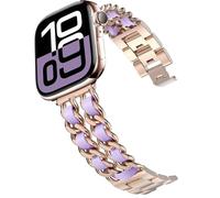 DEALELE Strap Compatible with Apple Watch 42mm 41mm 40mm 38mm, Steel Metal with Leather Chain Replacement Bands for iWatch Series 10/9 / 8/7 / 6/5 / 4/3/ SE/Ultra Women Men, Rose gold-lavender