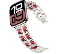 DEALELE Strap Compatible with Apple Watch 49mm 46mm 45mm 44mm 42mm, Steel Metal with Leather Chain Replacement Bands for iWatch Series 10/9 / 8/7 / 6/5 / 4/3 / SE/Ultra, Starlight-red