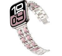 DEALELE Strap Compatible with Apple Watch 49mm 46mm 45mm 44mm 42mm, Steel Metal with Leather Chain Replacement Bands for iWatch Series 10/9 / 8/7 / 6/5 / 4/3 / SE/Ultra, Starlight-pink