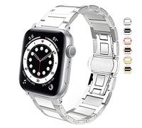DEALELE Strap Compatible with iWatch 42mm 44mm 45mm 49mm, Stainless Steel Ceramics Replacement Bands for Apple Watch Series 8 / Ultra / 7 / SE / 6/5 / 4/3 Women Men, Silver/white