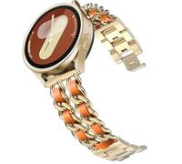 DEALELE Strap Compatible with Samsung Galaxy Watch 7 / FE / 6/6 Classic / 5/5 Pro / 4/4 Classic / 3 41mm, 20mm Metal with Leather Chain Bands for Huawei GT3 / GT2 42mm Women Men, Gold-orange