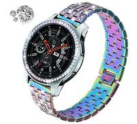 DEALELE Strap Compatible with Samsung Gear S3 Frontier / Classic / Galaxy Watch 46mm, 22mm Rhinestone Diamond Metal Steel Bracelet with Watch Face Bezel Ring Cover Replacement for Women Men, Rainbow