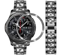 DEALELE Strap Compatible with Samsung Gear S3 Frontier / Classic / Galaxy Watch 46mm, 22mm Rhinestone Diamond Metal Steel Bracelet with Watch Face Bezel Ring Cover Replacement for Women Men, Black