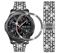 DEALELE Strap Compatible with Samsung Gear S3 Frontier / Classic / Galaxy Watch 46mm, 22mm Rhinestone Diamond Metal Steel Bracelet with Watch Face Bezel Ring Cover Replacement for Women Men, Black