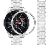 DEALELE Strap Compatible with Samsung Gear S3 Frontier / Classic / Galaxy Watch 46mm, 22mm Rhinestone Diamond Metal Steel Bracelet with Watch Face Bezel Ring Cover Replacement for Women Men, Silver
