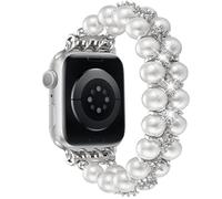 DEALELE Straps Pearl Compatible with Apple Watch 42mm / 41mm / 40mm / 38mm, Handmade Elastic Bling Diamond Jewelry Pearl Beads Bracelet for iWatch 10 9 8 7 6 5 4 3 SE Women, White