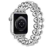 DEALELE Straps Pearl Compatible with Apple Watch 49mm / 46mm / 45mm / 44mm / 42mm, Handmade Elastic Bling Diamond Jewelry Pearl Beads Bracelet for iWatch 10 9 8 7 6 5 4 3 SE Ultra Women, Silver
