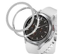 DEALELE Watch Case Compatible with Samsung Gear S3 Frontier/Classic/Galaxy Watch 46mm / Galaxy Watch 4 Classic 46mm, Bling Diamond + Rhombus Textrue Stainless Steel Bezel Ring Cover, Silver