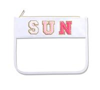 Dealkion Clear Makeup Bag Chenille Letter Zipper Pouch Nylon Clear Cosmetic Bag Travel Toiletry Bag for Women Girls, white, White-sun