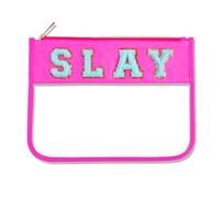 Dealkion Clear Makeup Bag Chenille Letter Zipper Pouch Nylon Clear Cosmetic Bag Travel Toiletry Bag for Women Girls, hot pink, Hot Pink-slay