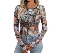 Dealmore Womens Mesh Sheer Lace Going Out Slim Fitted See Through Tops Fall Fashion Outfits Clothes 2025, Floral Fierce, L