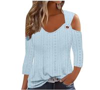 Deals of The Day 2024 Sexy Cold Shoulder Tops for Women UK Fall Fashion 3/4 Sleeve V Neck Tunic Shirts Ladies Elegant Hollow Out Eyelet Blouse Dressy Casual Solid Color Loose Fit Tee Shirts