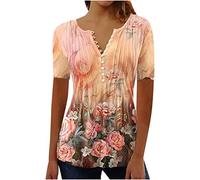 Deals of The Day 2024 Summer T Shirts for Women UK Short Sleeve Button Up V Neck Tops Trendy Pleated Henley Tunic Shirts Dressy Casual Butterfly Floral Print Blouse Ladies Elegant Going Out Tee