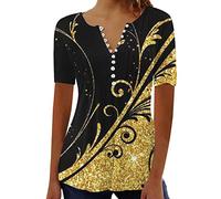 Deals of The Day 2024 Summer T Shirts for Women UK Short Sleeve Button Up V Neck Tops Trendy Pleated Henley Tunic Shirts Dressy Casual Butterfly Floral Print Blouse Ladies Elegant Going Out Tee