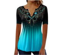 Deals of The Day 2024 Summer T Shirts for Women UK Short Sleeve Button Up V Neck Tops Trendy Pleated Henley Tunic Shirts Dressy Casual Butterfly Floral Print Blouse Ladies Elegant Going Out Tee