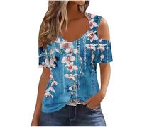 Deals of The Day 2025 Summer Tops for Women UK Trendy Short Sleeve V Neck Cold Shoulder T-Shirt Dressy Casual Hollow Out Eyelet Blouse Lightweight Floral Printed Shirts Going Out Tee