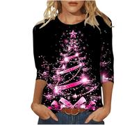 Deals of The Day Christmas Shirts for Women UK 2024 Fashion Sparkling Xmas Tree Red Wine Glass Print Tunic Tops Casual 3/4 Sleeve Crewneck Jumper Blouse Ladies Lightweight Going Out Sweatshirt