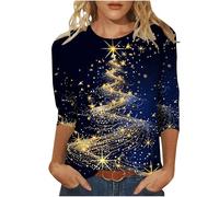 Deals of The Day Christmas Shirts for Women UK 2024 Fashion Sparkling Xmas Tree Red Wine Glass Print Tunic Tops Casual 3/4 Sleeve Crewneck Jumper Blouse Ladies Lightweight Going Out Sweatshirt