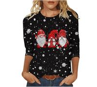 Deals of The Day Ladies Christmas Tops UK 2024 Fashion Xmas Tree Gnome Red Wine Glass Snowflake Print Blouse Casual 3/4 Sleeve Round Neck Tunic Shirts Lightweight Going Out T-Shirts