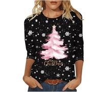 Deals of The Day Ladies Christmas Tops UK 2024 Fashion Xmas Tree Gnome Red Wine Glass Snowflake Print Blouse Casual 3/4 Sleeve Round Neck Tunic Shirts Lightweight Going Out T-Shirts