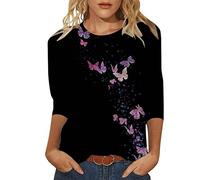 Deals of The Day Lightning Deals Tops for Women UK Summer Women's Round Neck Seven Point Sleeve T Shirt Butterfly Print Fit T Shirt Casual Soft and Clearance Lightning Deals of The Day