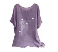 Deals of The Day Linen Tops for Women UK Plus Size Shirts 2024 Summer Short Sleeve Crewneck Blouses Funny Daisy Dandelion Butterfly Print T-Shirts Ladies Elegant Loose Fit Cheesecloth Clothes