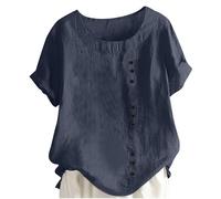 Deals of The Day Linen Tops for Women UK Summer Short Sleeve Cotton Linen Shirts 2024 Fashion Crew Neck Button Blouses Dressy Casual Dandelion Print T-Shirts Ladies Elegant Loose Fit Tee