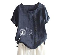 Deals of The Day Linen Tops for Women UK Summer Short Sleeve Cotton Linen Shirts 2024 Fashion Crew Neck Button Blouses Dressy Casual Dandelion Print T-Shirts Ladies Elegant Loose Fit Tee