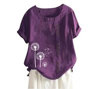 Deals of The Day Linen Tops for Women UK Summer Short Sleeve Cotton Linen Shirts 2024 Fashion Crew Neck Button Blouses Dressy Casual Dandelion Print T-Shirts Ladies Elegant Loose Fit Tee