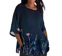 Deals of The Day Plus Size Shirts for Women UK Casual Cotton Linen 3/4 Sleeve Crewneck Blouses 2024 Summer Dressy Floral Print T Shirts Ladies Elegant Loose Fit Tops Going Out Tee