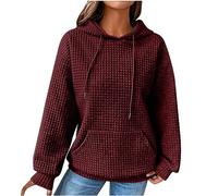 Deals of The Day Sale Black of Friday Hoodies for Women UK Oversized Waffle Hooded Sweatshirts Solid Color Loose Fit Long Sleeve Pullover Tops Casual Drawstring Present for Elderly Lady