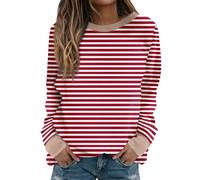 Deals of The Day Sale Home Women's Oversized Striped Sweatshirt Crew Neck Long Sleeve Pullover Tops Lightweight Stretchy Bottom Sweatshirt Blouse Women Red