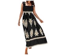 Deals of The Day Sale Prime Ladies Summer Boho Dresses Fashion Printed Beach Wear Strappy Dress Casual Stretch Corset Waist Long Dress Elegant Square Summer Dressy for Women UK Plus Size
